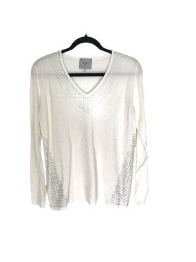 LIV-WHITE WOMENS WHITE V-NECK  LONG SLEEVE EMBELISHED RHINESTONES SWEATER SIZE M